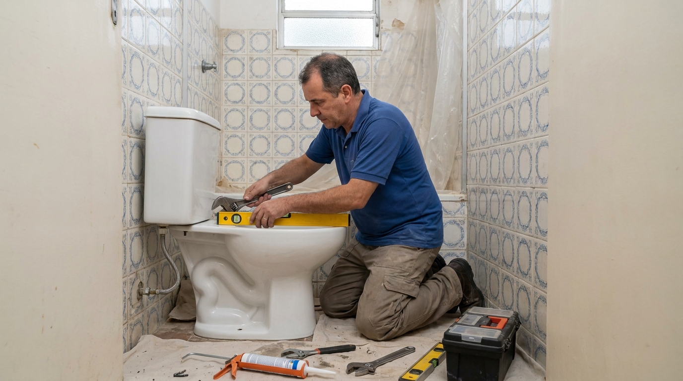 Técnico instalando vaso sanitário em Volta Redonda‑RJ